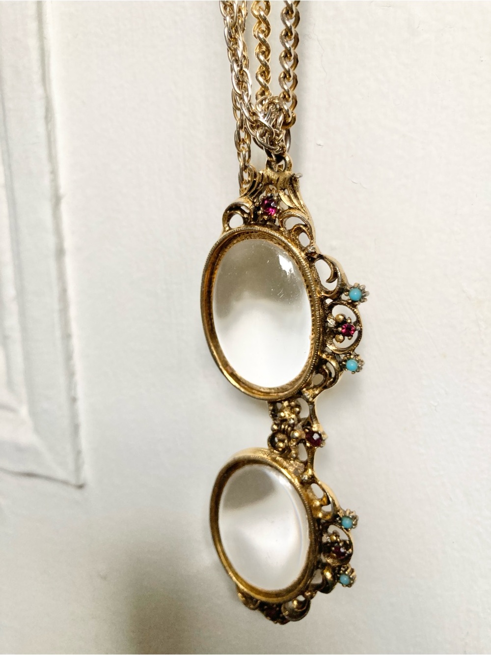 Vintage Gold Lorgnette Necklace with Turquoise & Ruby Accents